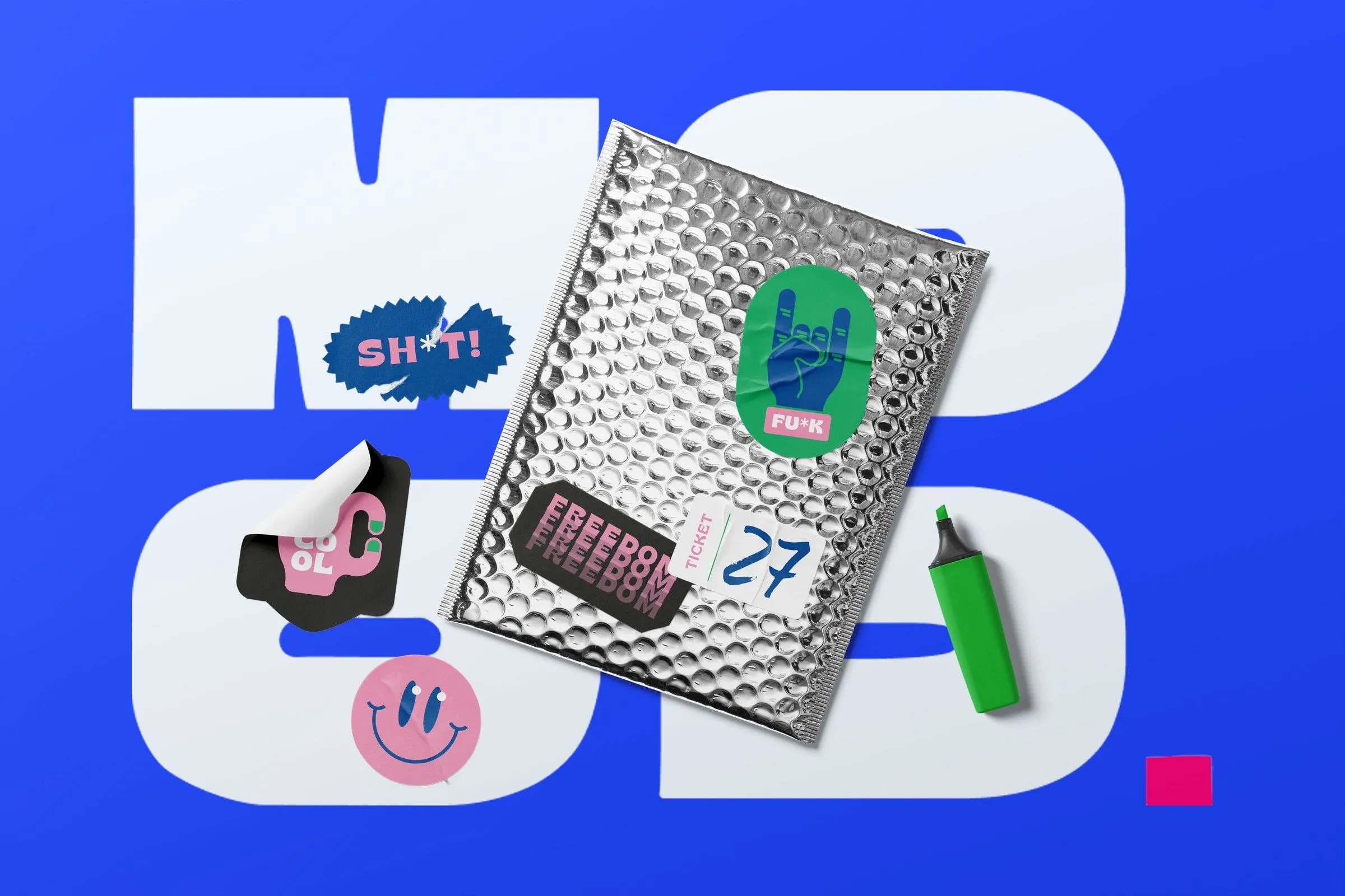 Stickers personalizados y sobre metalizado sobre fondo azul con las letras MOOD